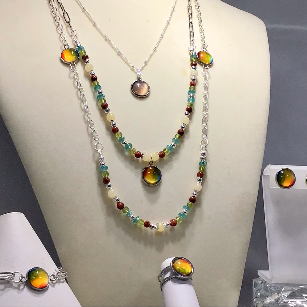 Handmade Pop of Color 3 Piece Necklace Set-Glass Cabochon-Gemstone-Apatite